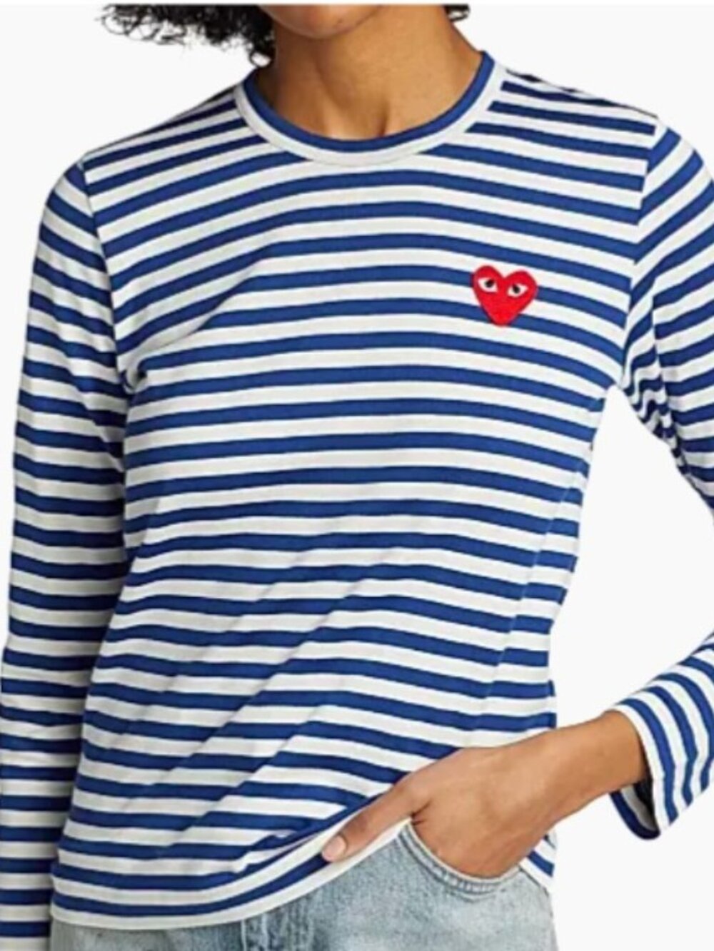 Women's Comme des Garçons PLAY Striped Heart Logo Long Sleeve Medium Navy White
